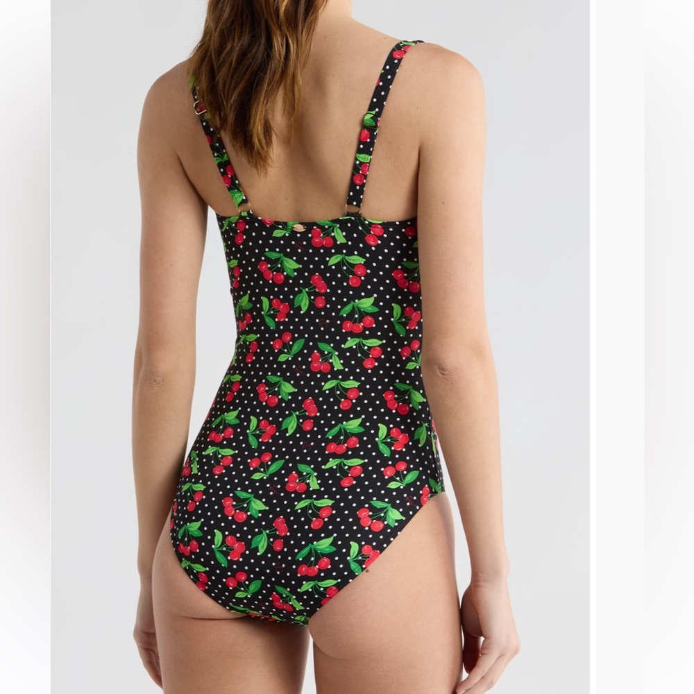 New BETSEY JOHNSON One-Piece Black Bandeau Swimsuit Women's Cherry Print
